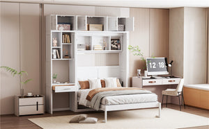 English Elm Full Size Murphy Wall Bed with Fold Away Desk Cabinet and Shelves for Small Spaces N708S00020K-1