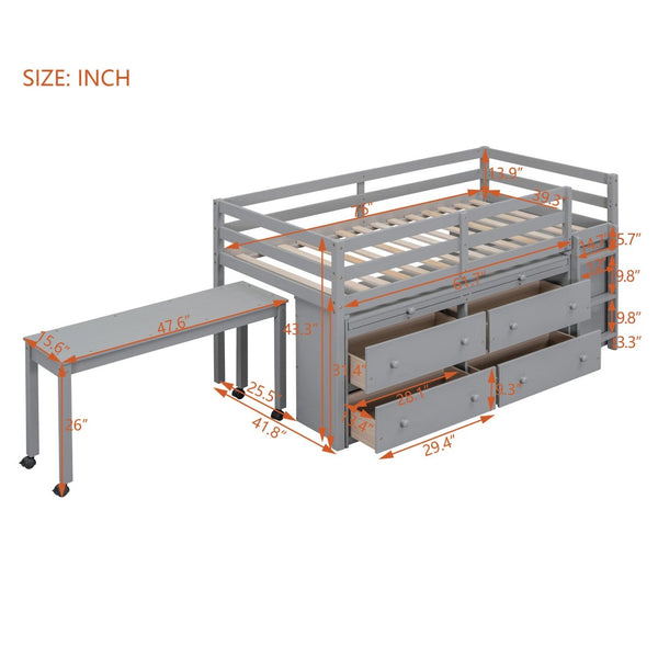 English Elm Twin Loft Bed Pinewood Frame Four Drawers Retractable Study Desk Kids Bedroom Gray LT000368AAE