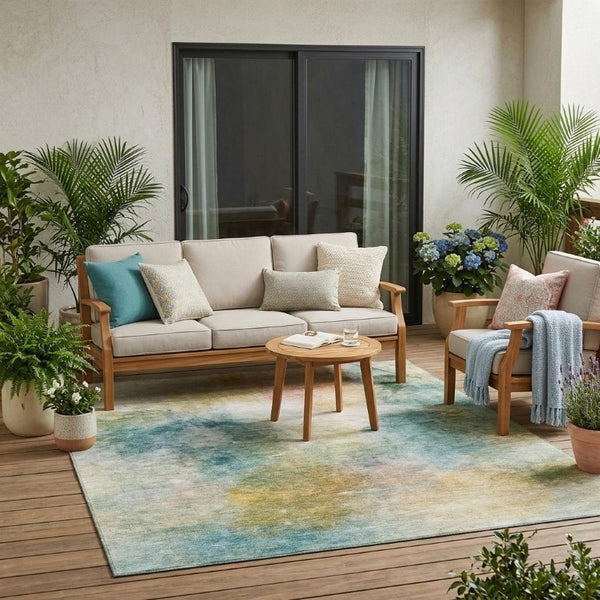 5x8 Teal Peach Abstract Polyester Area Rug Washable for Indoor Outdoor Use