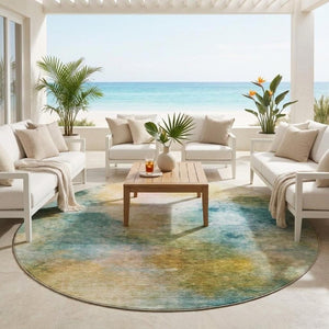 8 Foot Round Abstract Polyester Area Rug Washable Teal Peach Outdoor Patio