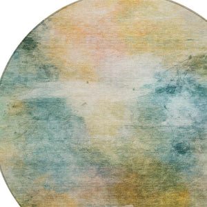 HomeRoots 8 Foot Round Abstract Polyester Area Rug Washable Teal Peach Outdoor Patio 746514