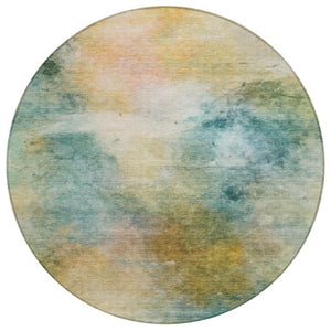 8 Foot Round Abstract Polyester Area Rug Washable Teal Peach Outdoor Patio