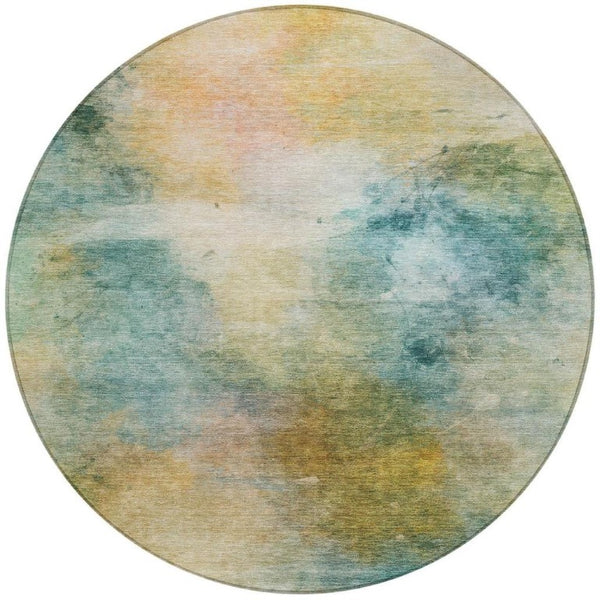 8 Foot Round Abstract Polyester Area Rug Washable Teal Peach Outdoor Patio