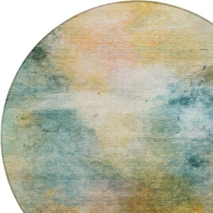 8 Foot Round Abstract Polyester Area Rug Washable Teal Peach Outdoor Patio