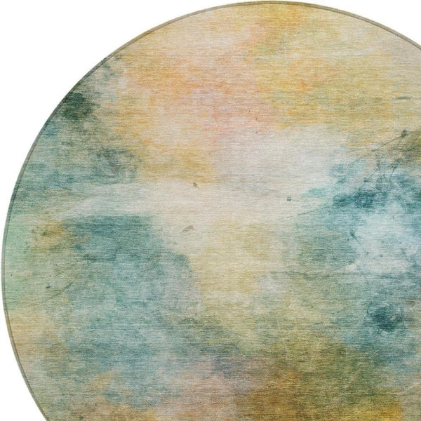 8 Foot Round Abstract Polyester Area Rug Washable Teal Peach Outdoor Patio