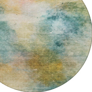 8 Foot Round Abstract Polyester Area Rug Washable Teal Peach Outdoor Patio