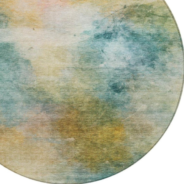 8 Foot Round Abstract Polyester Area Rug Washable Teal Peach Outdoor Patio