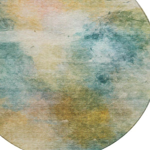 8 Foot Round Abstract Polyester Area Rug Washable Teal Peach Outdoor Patio