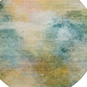 8 Foot Round Abstract Polyester Area Rug Washable Teal Peach Outdoor Patio