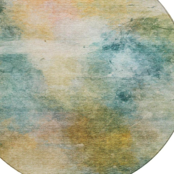 8 Foot Round Abstract Polyester Area Rug Washable Teal Peach Outdoor Patio