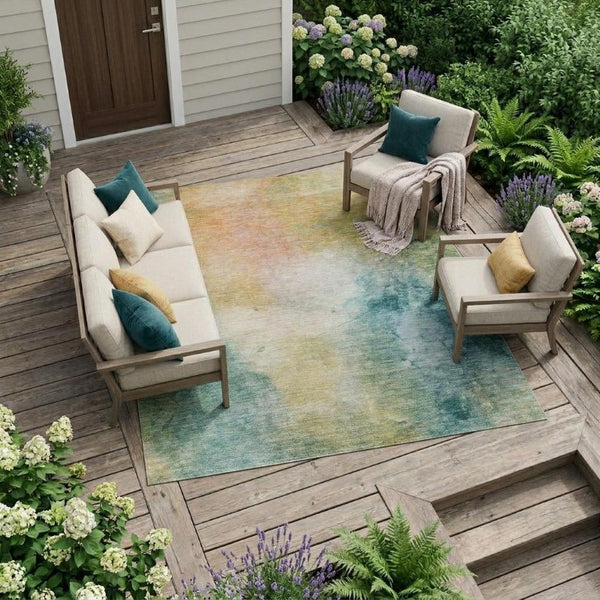 8 X 10 Abstract Teal Peach Washable Polyester Rug for Patio Porch or Living Room