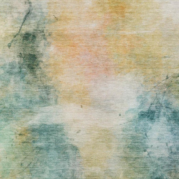 8 X 10 Abstract Teal Peach Washable Polyester Rug for Patio Porch or Living Room