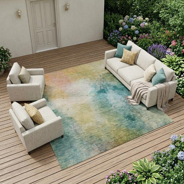 9 X 12 Teal Peach Abstract Polyester Area Rug Washable Stain Resistant Indoor