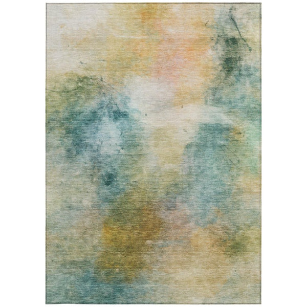 9 X 12 Teal Peach Abstract Polyester Area Rug Washable Stain Resistant Indoor