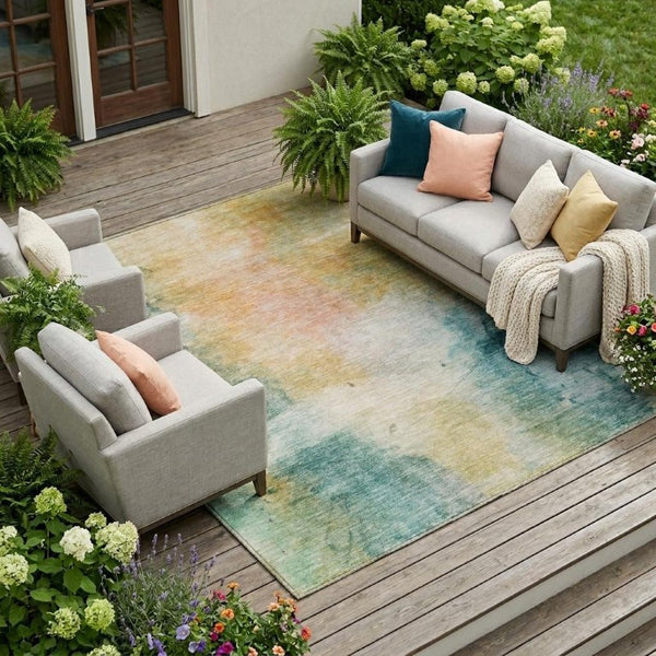 10 X 14 Abstract Teal Peach Washable Polyester Rug for Indoor Outdoor Living