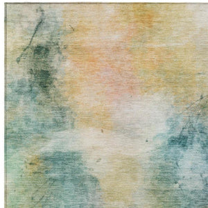10 X 14 Abstract Teal Peach Washable Polyester Rug for Indoor Outdoor Living