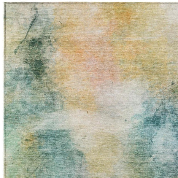 10 X 14 Abstract Teal Peach Washable Polyester Rug for Indoor Outdoor Living