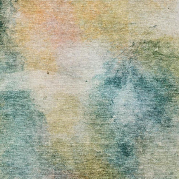 10 X 14 Abstract Teal Peach Washable Polyester Rug for Indoor Outdoor Living