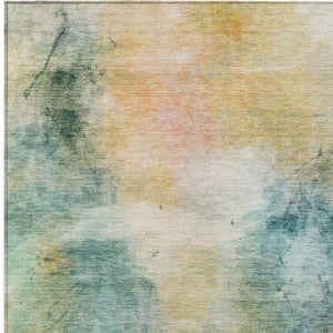 10 X 14 Abstract Teal Peach Washable Polyester Rug for Indoor Outdoor Living
