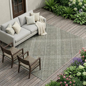 8 X 10 Beige Brown Plaid Polyester Washable Rug for Patio Porch or Living Room