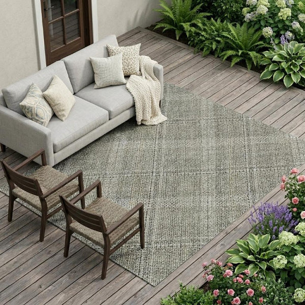 8 X 10 Beige Brown Plaid Polyester Washable Rug for Patio Porch or Living Room