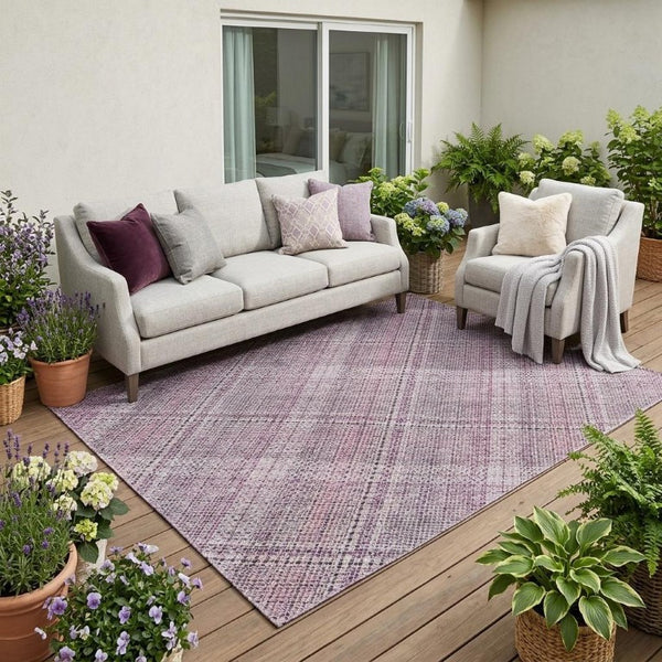 5 X 8 Pink Blush Plaid Polyester Area Rug Washable Stain Resistant Indoor Outdoor
