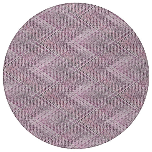 8 Foot Round Plaid Polyester Area Rug Washable Indoor Outdoor Patio Blush Pink