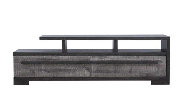 English Elm 1pc Modern Entertainment Console with Industrial Edge, Grey Wood Finish, Open Shelf & Two Drawers Black,White 19.37 L x 72.79 W x 22.48 H B2741P295134