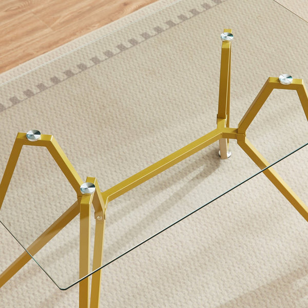 English Elm 47.3-inch Glass Dining Table with Gold Metal Legs, Modern 47.3"L x29.5"W x30.3"H, Seats 1-6, 200 lb Capacity W1162P306711