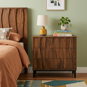 26 Inch Walnut Ribbed Three Drawer Nightstand for Modern Bedroom Storage