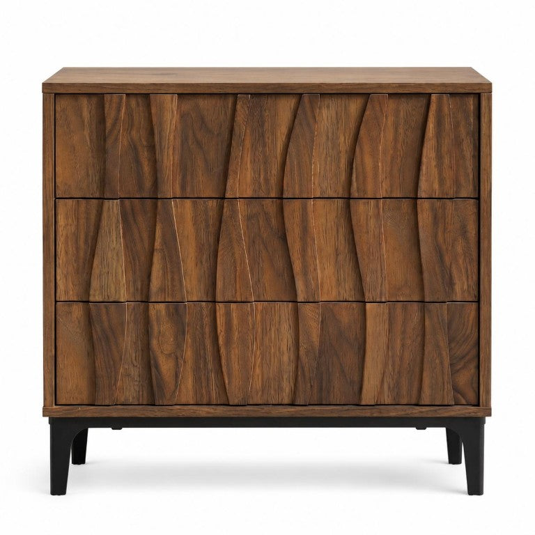 HomeRoots 26 Inch Walnut Ribbed Three Drawer Nightstand for Modern Bedroom Storage 746687