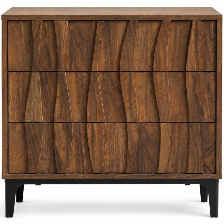 HomeRoots 26 Inch Walnut Ribbed Three Drawer Nightstand for Modern Bedroom Storage 746687