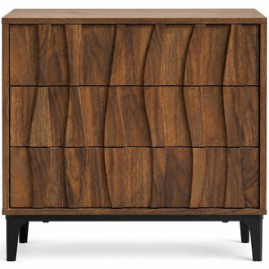 26 Inch Walnut Ribbed Three Drawer Nightstand for Modern Bedroom Storage