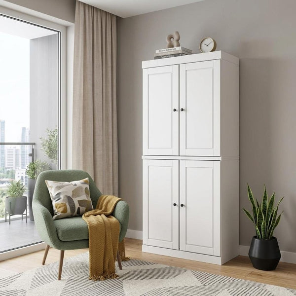 72 Inch White Solid Wood Six Shelf Bookcase with Four Cabinet Doors for Home Library