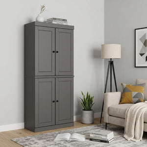 72 Inch Solid Wood Adjustable Six Shelf Bookcase with Four Cabinet Doors Gray