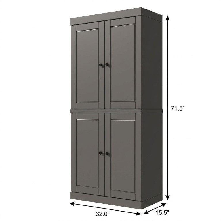 HomeRoots 72 Inch Solid Wood Adjustable Six Shelf Bookcase with Four Cabinet Doors Gray 746690