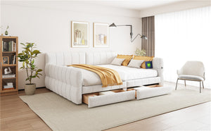 English Elm Queen Lambswool Platform Bed with Usb Charging Armrests and Under Storage Drawers White N7500000601K