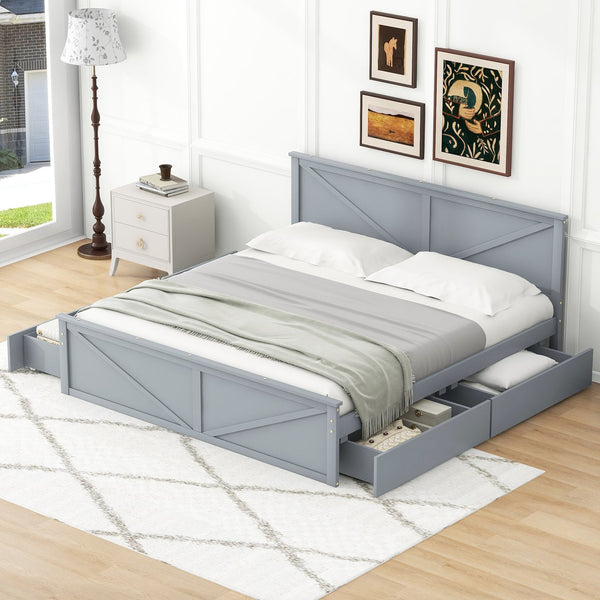 English Elm King Solid Wood Platform Bed with 4 Under-Drawers, Gray King Size Frame, Sturdy Slats, 500lb Capacity SM000537AAE