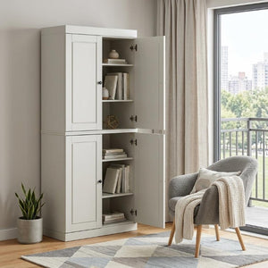 72 Inch Solid Wood Six Shelf Bookcase with Four Cabinet Doors for Living Room Storage