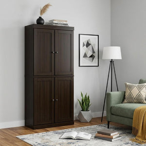 72 Inch Espresso Solid Wood Six Shelf Bookcase with Four Cabinet Doors Study