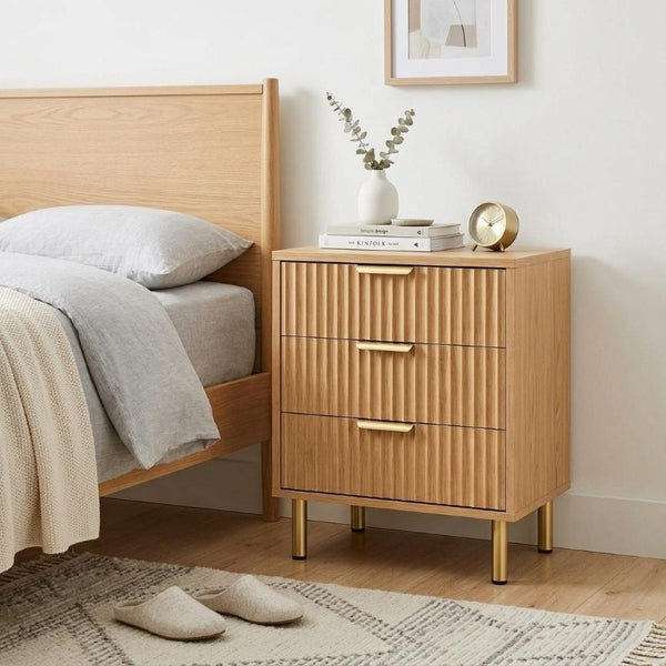 24 Inch Wood Three Drawer Nightstand with Ribbed Texture Detail for Modern Bedroom Storage