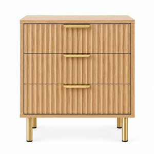 24 Inch Wood Three Drawer Nightstand with Ribbed Texture Detail for Modern Bedroom Storage
