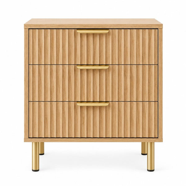 24 Inch Wood Three Drawer Nightstand with Ribbed Texture Detail for Modern Bedroom Storage