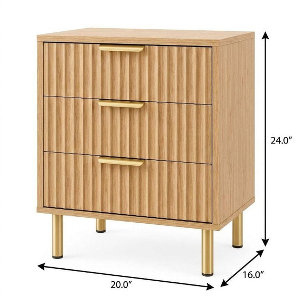 24 Inch Wood Three Drawer Nightstand with Ribbed Texture Detail for Modern Bedroom Storage