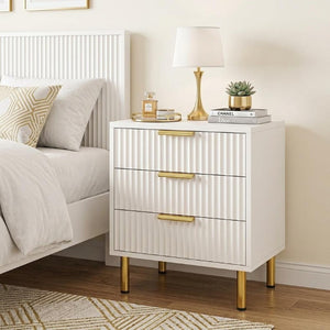 24 Inch Wood Three Drawer Nightstand with Ribbed Texture Detail for Modern Bedroom Storage