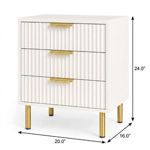 24 Inch Wood Three Drawer Nightstand with Ribbed Texture Detail for Modern Bedroom Storage
