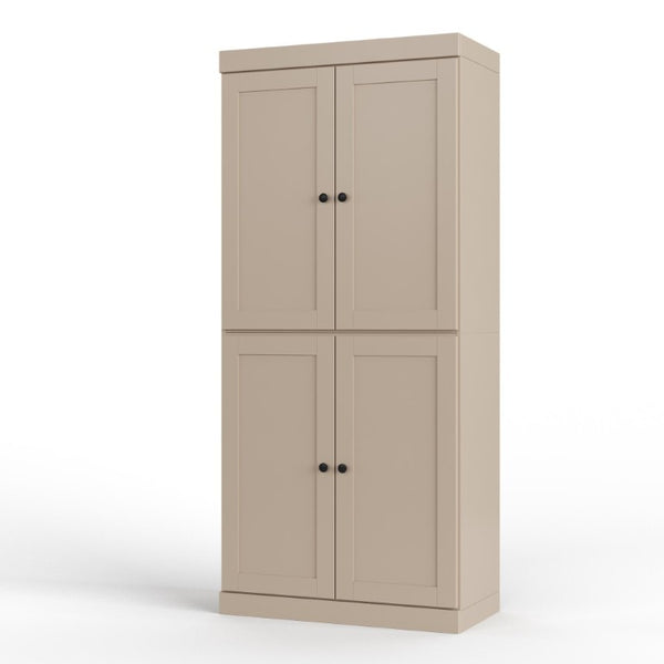 HomeRoots 32 Inch Solid Wood Linen Cabinet with Four Doors Beige Freestanding Bathroom Storage 746729