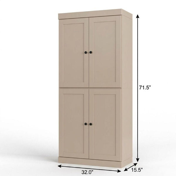 32 Inch Solid Wood Linen Cabinet with Four Doors Beige Freestanding Bathroom Storage