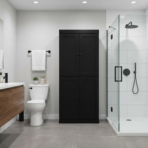 32 Inch Black Solid Wood Freestanding Linen Cabinet with Four Doors for Bathroom Storage