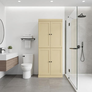 32 Inch Solid Wood Freestanding Linen Storage Cabinet with Four Doors for Bathroom